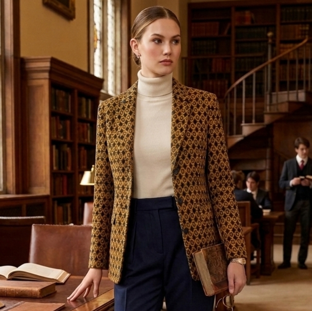 NWOT Cabi M Old Money Academia Kensington Proper Standout Medallion Knit Blazer